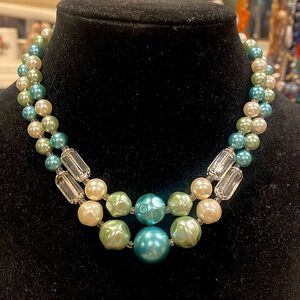 Japan Blue,Green and White Beaded Necklace. 2 Strand. Silver Tone Findings